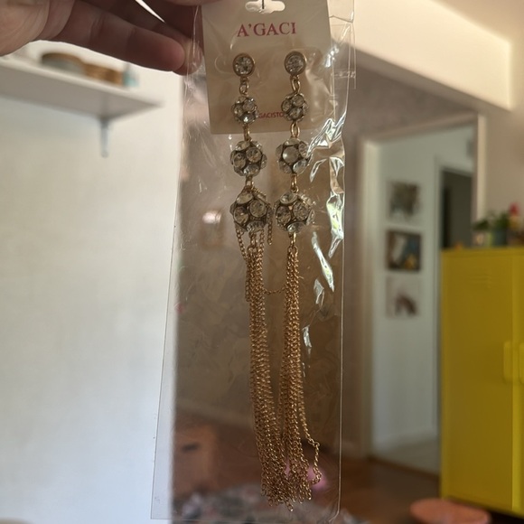 A’GACI Diamond Stud Gold Chain Tassel Post Back Earrings Costume - Picture 2 of 3